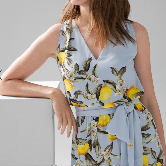 WHBM Blue Sleeveless Lemon Print Tea Midi Dress High Low Hem XL - Picture 4 of 16